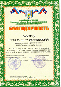  Благодарность директору филиала "Брянскэнергосбыт" Олегу Носову от Социального приюта для детей и подростков Клинцовского района
